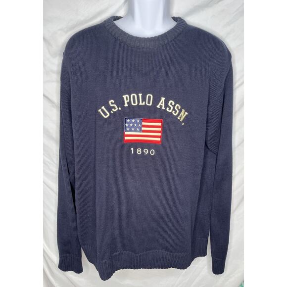 US Polo Assn USA Flag Knit Sweater Pullover Size XL Blue All Cotton Vintage 90s - Picture 1 of 6